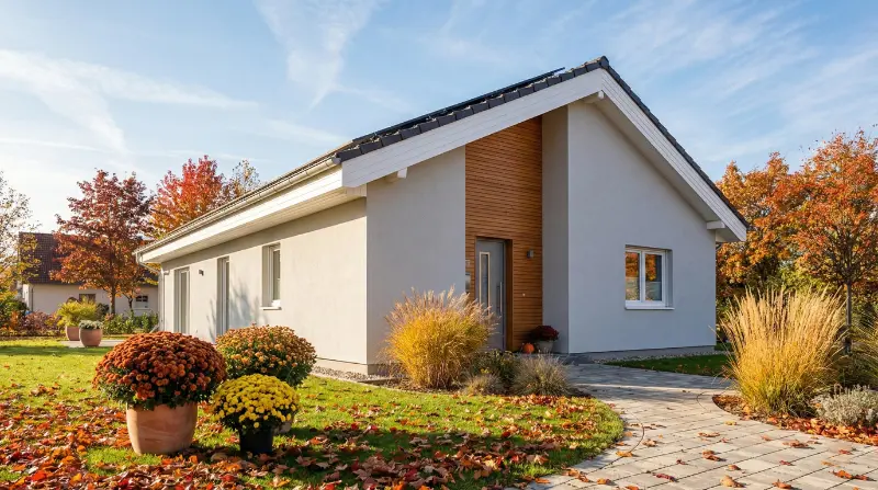 Großzügiger Fertighaus Bungalow mit Satteldach und Herbstgarten