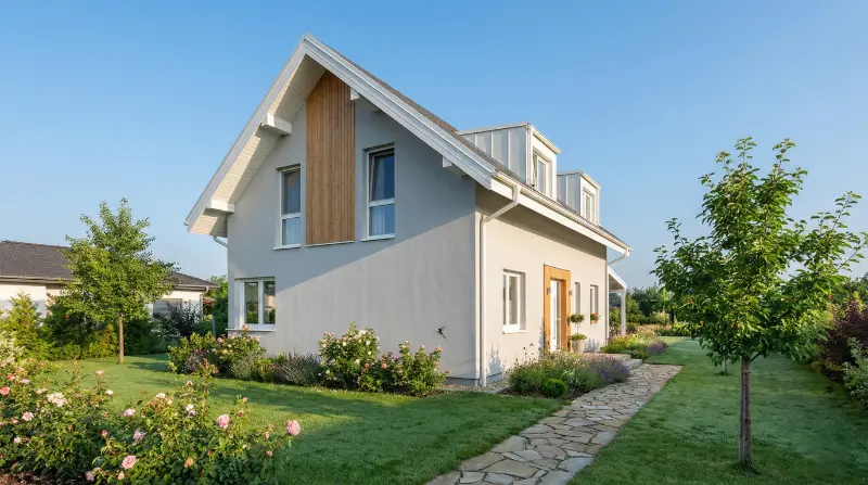 Moderner Fertighaus Satteldach mit Gauben und Rosengarten