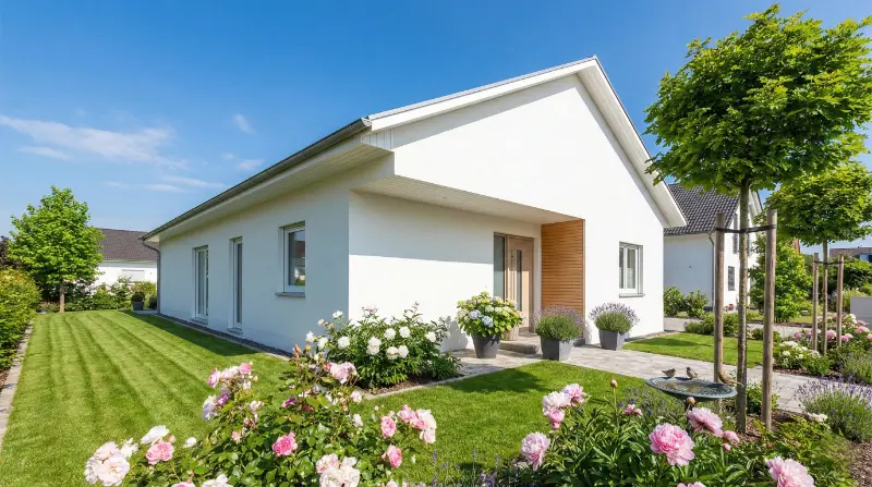 Weißes modernes Einfamilienhaus mit Satteldach, großer Fensterfront und Holzakzenten, umgeben von grünem Rasen und rosa blühe
