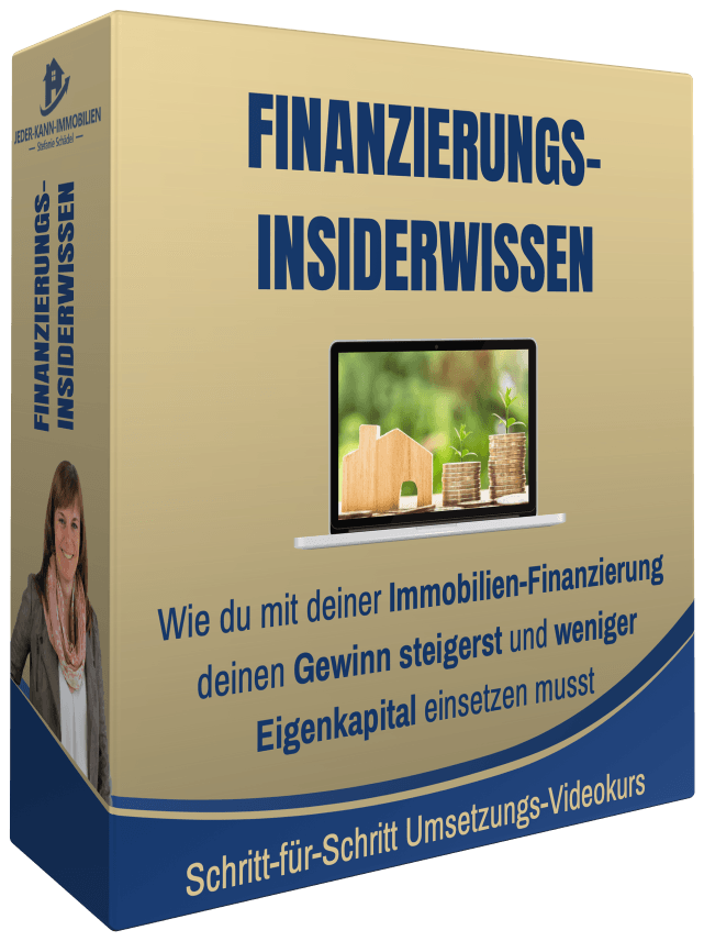 Produktbox Finanzierungs-Insiderwissen mit gelbem Karton, Laptop und Textinhalt
