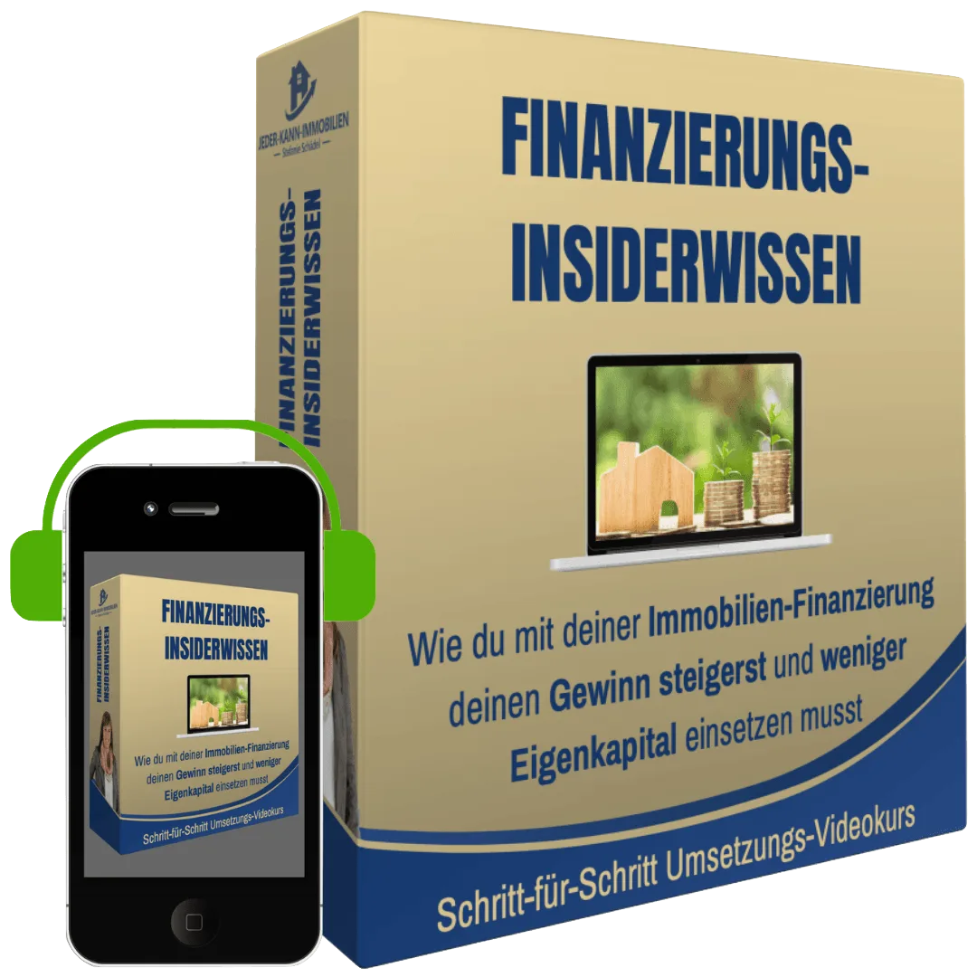 Hero-Mockup Finanzierungs-Insiderwissen mit Produktbox und Smartphone mit Kopfhörern