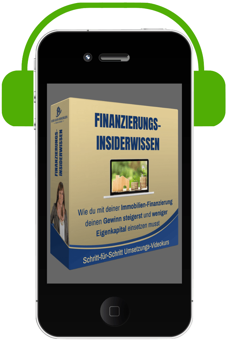 Hörbuch-Mockup auf Smartphone mit grünen Kopfhörern, Finanzierungs-Insiderwissen