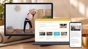 Find Your Flow auf allen Geräten – Mockup: Yoga-Studio-Plattform auf TV, Laptop und Smartphone