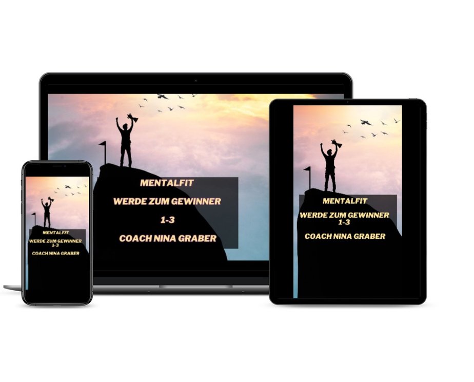 Mentales Fitnessprogramm Mockup mit Silhouette einer Person auf Bergspitze bei Sonnenaufgang