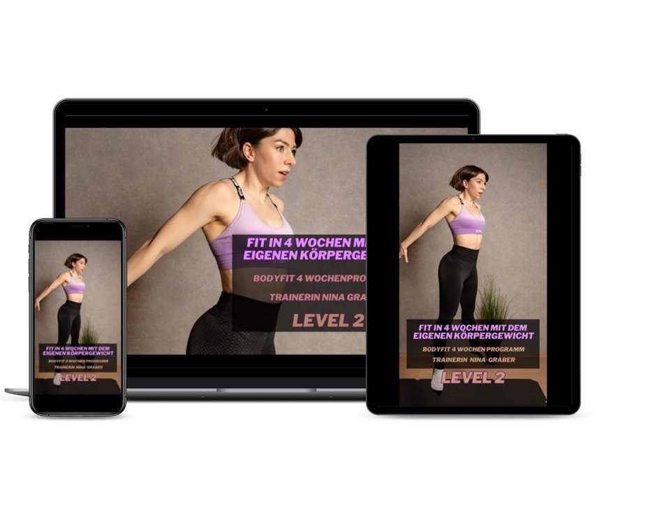 Body Fit 4 Wochen Level 2 Mockup auf Smartphone, Tablet und Desktop mit Trainerin in violettem Sport-Top
