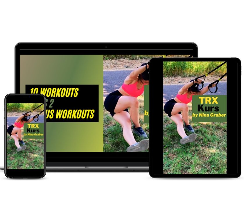 TRX Kurs Mockup auf Smartphone, Tablet und Desktop mit Trainerin beim TRX-Training outdoor