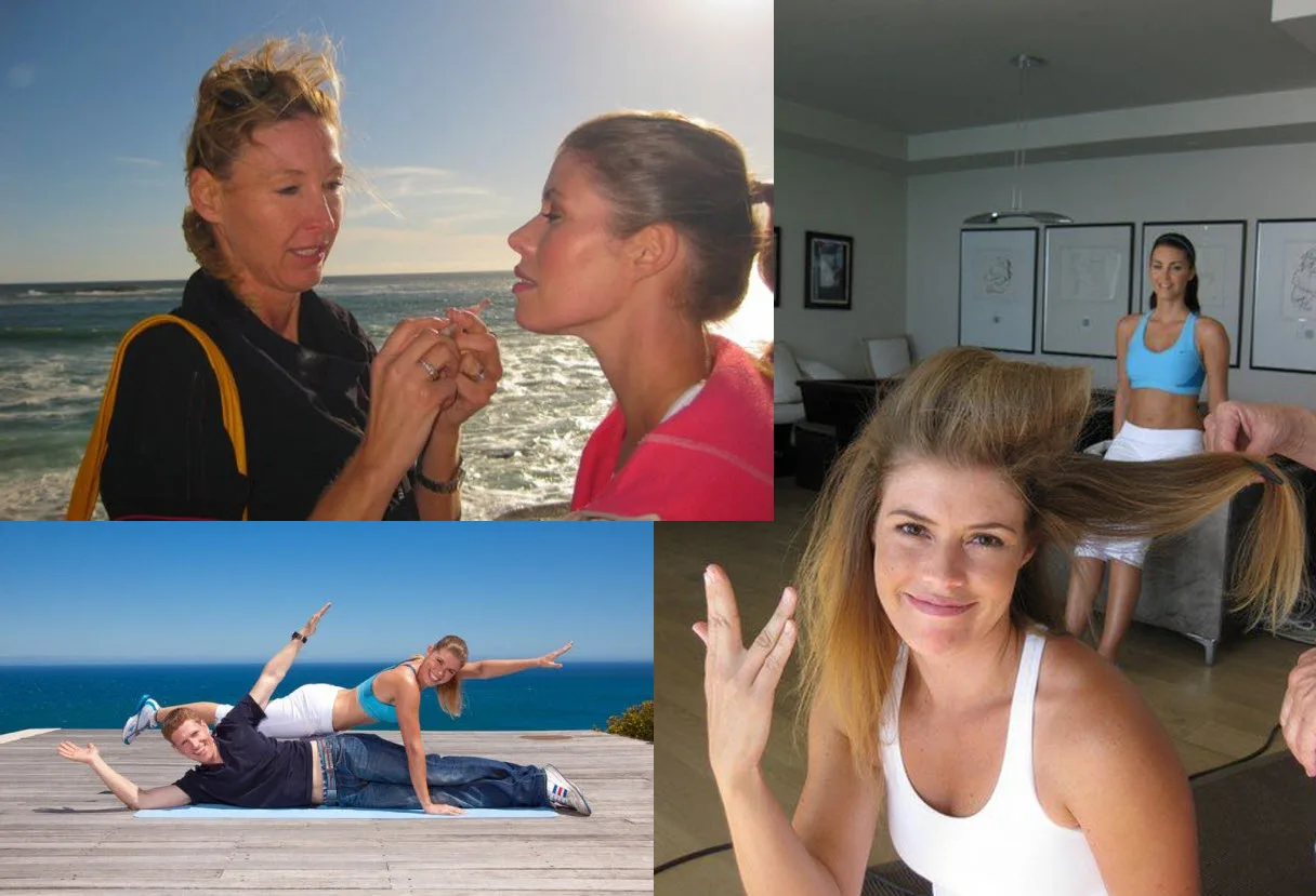 Kundenstimmen Collage: Vier verschiedene Fotos von Frauen beim Training und am Strand