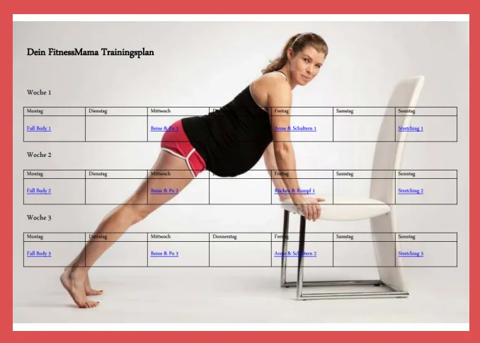 Trainingsplan FitnessMama: 3-Wochen-Plan mit Frau bei Sportübung am Stuhl