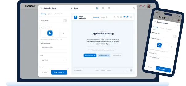 Flenski Designoberfläche mit Application Heading und Buttons auf Laptop und Smartphone