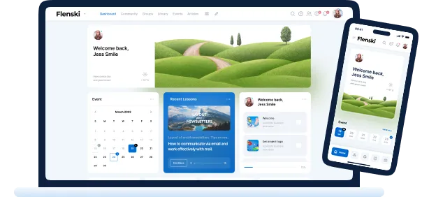 Flenski Dashboard mit Kalender und Kursübersicht auf Laptop und Smartphone