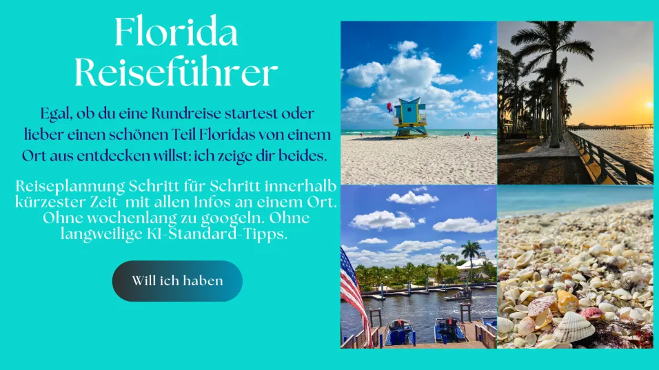 Florida Reiseführer Galerieansicht - Text und vier Fotos von Stränden, Palmen und Lifeguard-Häuschen