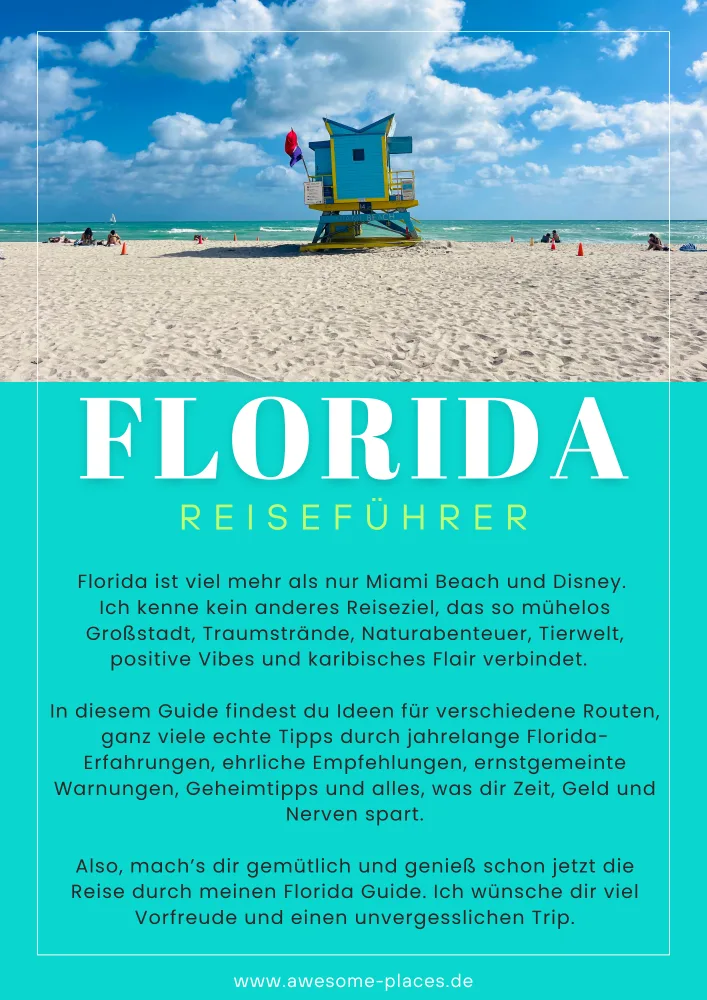 Florida Reiseführer E-Book Cover mit Lifeguard-Häuschen am Strand und ausführlicher Textbeschreibung