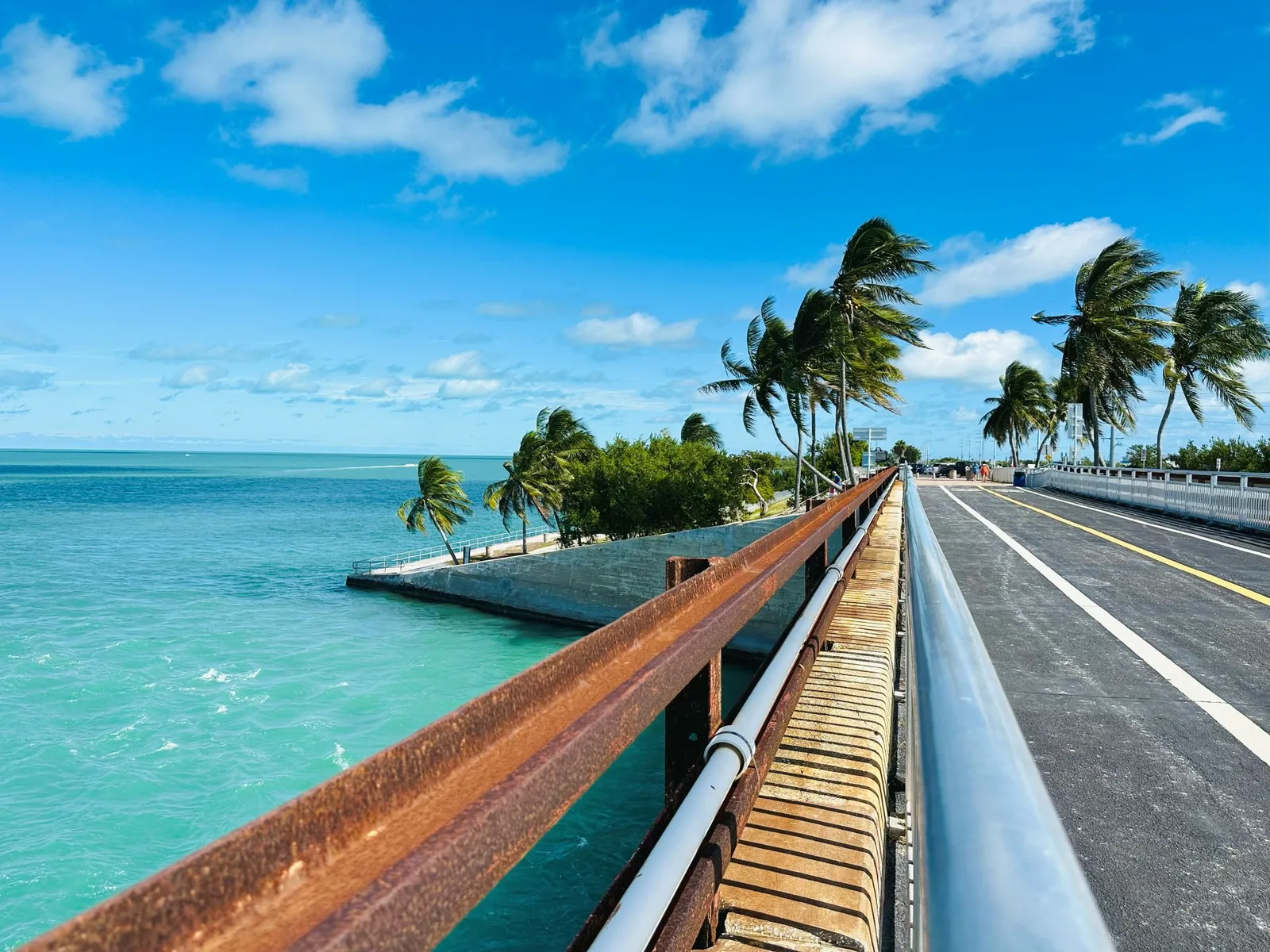 Florida Brücke über türkisfarbenes Meer mit Palmen und rostrotem Geländer, Highway