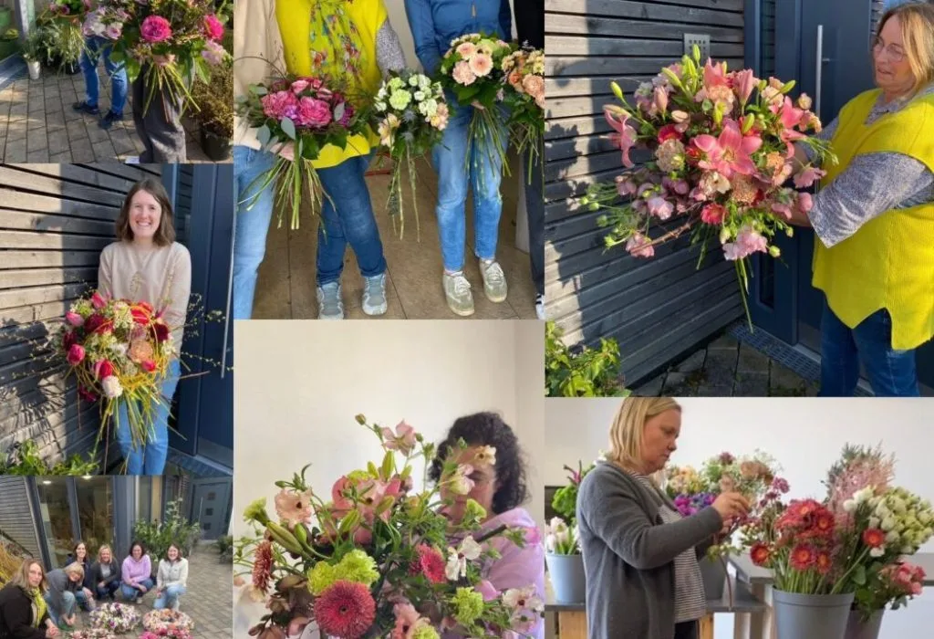Collage mit Schülerinnen bei Floristik-Ausbildung März 2025, verschiedene selbst gebundene Blumensträuße
