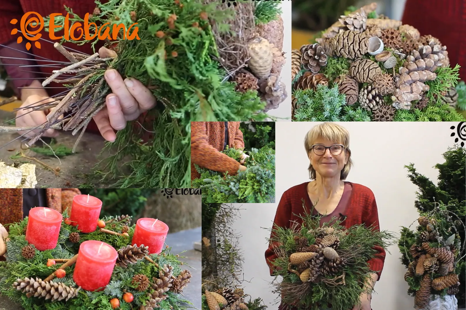 Collage Advent-Online-Kurs: Zapfen, Grünwerk, rote Kerzen und Floristin mit Adventsdeko