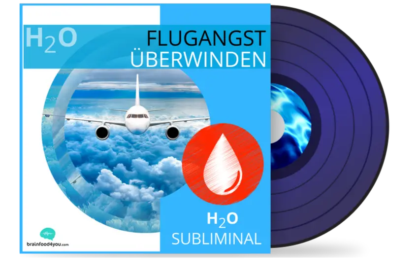 Flugangst überwinden – Audioprogramm gegen Aviophobie 8 Vinyl-Album-Mockup H2O Flugangst Überwinden mit Wasser-Symbol und lila Schallplatte
