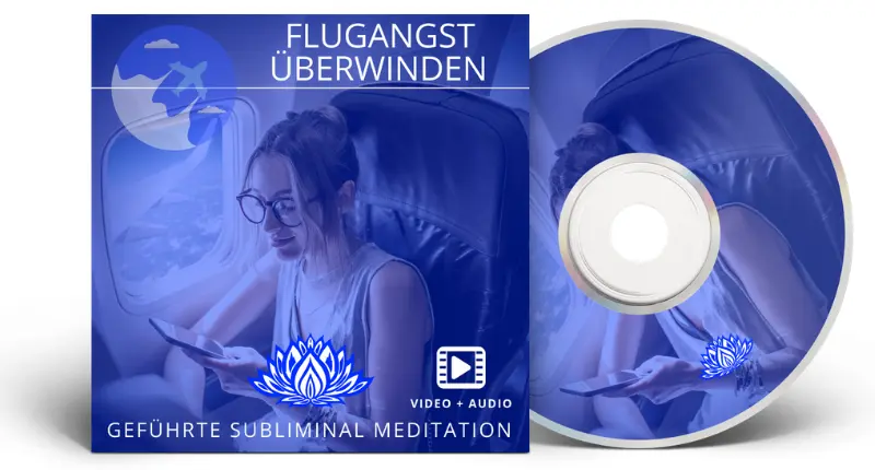 Flugangst überwinden – Audioprogramm gegen Aviophobie 9 DVD-Mockup Flugangst Überwinden Meditation mit Frau im Flugzeug und Lotus-Symbol