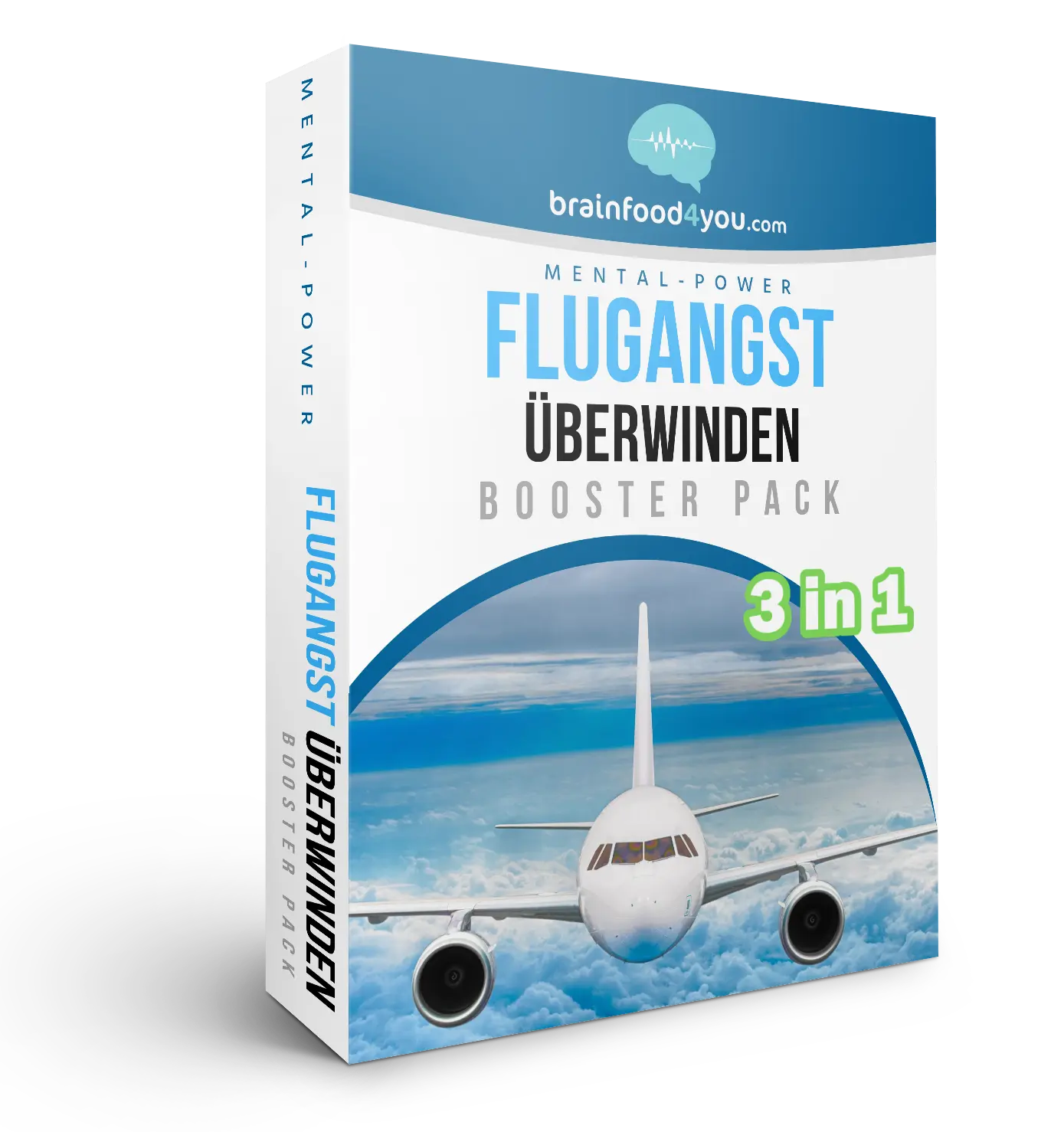 Flugangst überwinden – Audioprogramm gegen Aviophobie 2 Produktbox Flugangst Überwinden Booster Pack mit Flugzeug-Motiv, 3in1 Label