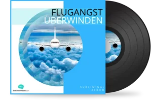 Vinyl-Album-Mockup Flugangst Überwinden mit Flugzeug-Foto und Schallplatte