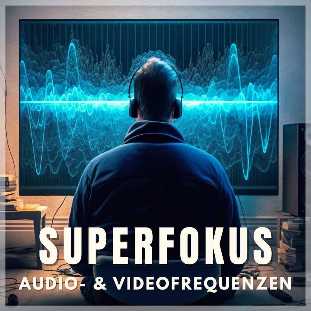 Mann mit Kopfhörern sitzt vor Monitor mit türkisen Audiowellen-Visualisierungen