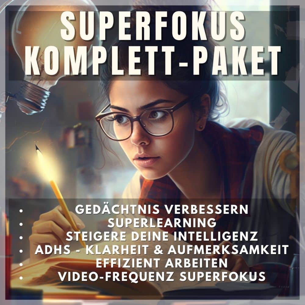 Superfokus Komplett-Paket Cover mit Frau mit Brille und Glühbirne, Lernmethoden und ADHS-Themen