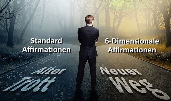 Geschäftsmann an Weggabelung zwischen Alter Weg und Neuer Weg mit 6D-Affirmationen Konzept