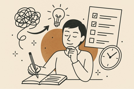 Illustrierte Person beim Schreiben mit Gedankenblasen, Glühbirne, Checkliste und Uhr – Symbol für Fokus, Klarheit und Organis