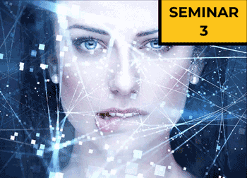 Frauengesicht mit digitaler Netzwerk-Grafik Overlay, SEMINAR 3 Label