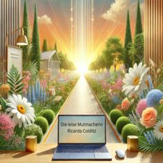 Laptop vor Traumlandschaft mit Blüten und Weg, Titelbild Fantasiereisen Ricarda Colditz