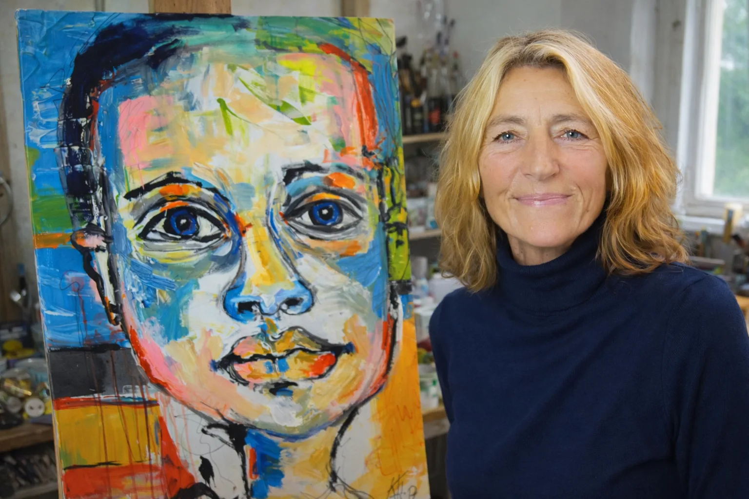Frau mit abstraktem bunt bemaltem Kunstwerk mit expressivem Gesicht im Atelier