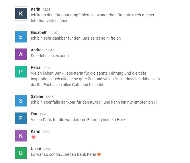 Screenshot von Chat-Nachrichten mit Kundenbewertungen und Testimonials zum Kurs