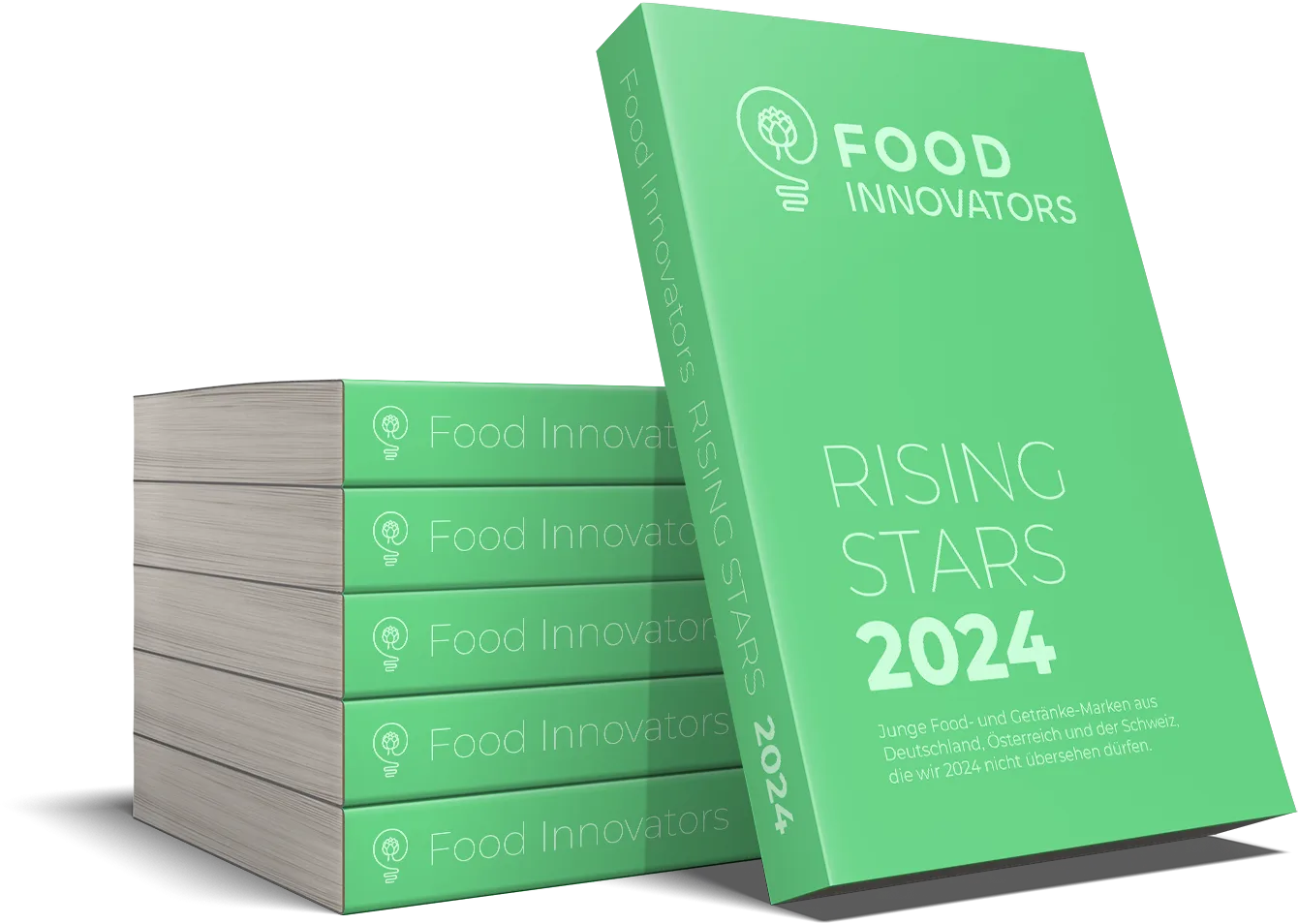 Food Innovator – Community Lebensmittel-Startups von Food Innovators 12 Rising Stars 2024 Buchcover-Mockup mit grünem Buchrücken und gestapelten Exemplaren