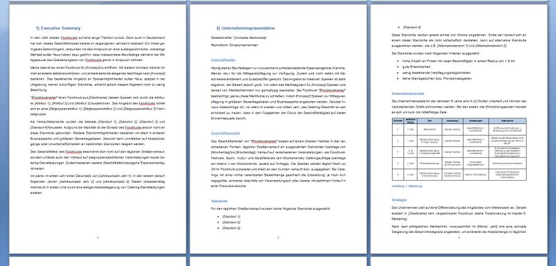Food Truck Businessplan Vorlage Seiten mit Executive Summary und Unternehmensdarstellung mobil optimiert