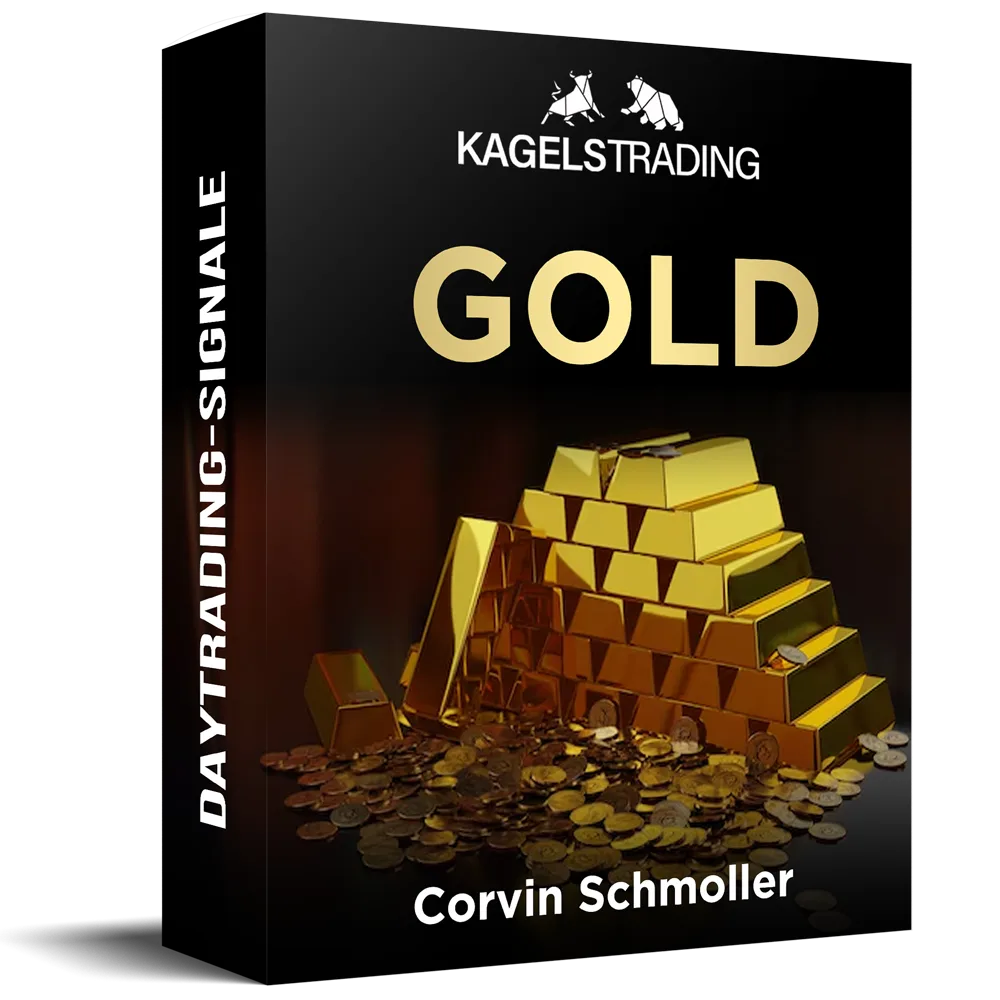 Gold Daytrading Signaldienst Produktbox von Corvin Schmoller mit Goldbarren und Münzen