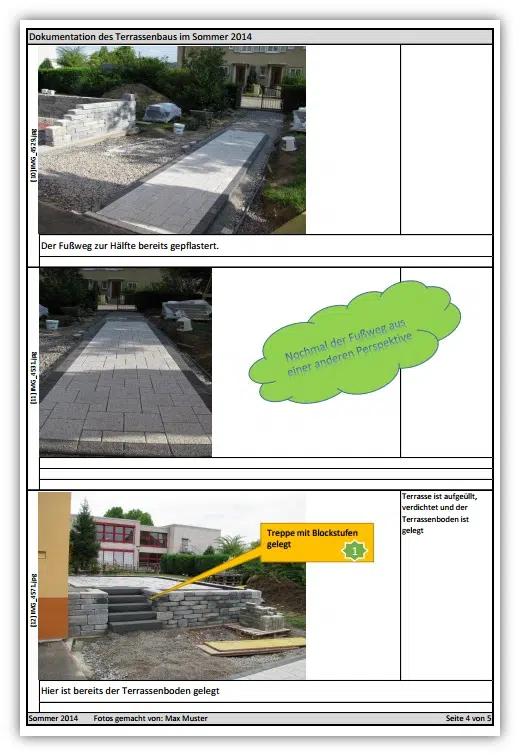 FotoDoku – Excel-Vorlage für Bautagebuch 4 FotoDoku Screenshot zeigt Dokumentation eines Terrassenbauprojekts mit Fotos und Anmerkungen