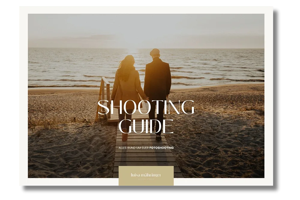 Fotoshooting Guide – Design- & Textvorlage von Luisa Mähringer 1 Fotoshooting Guide Produktabbildung mit Paar am Strand bei Sonnenuntergang