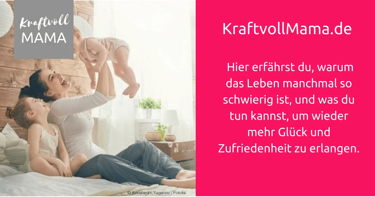 Banner mit Mutter und Kind spielend, KraftvollMama Logo, Text über Zufriedenheit und Glück