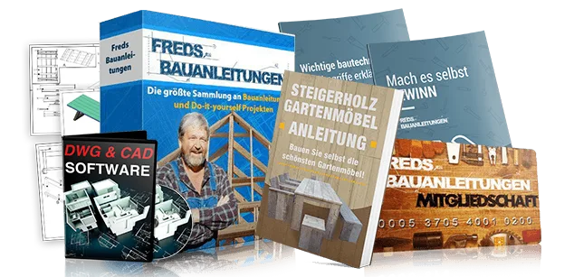 Mockup-Bundle bestehend aus Bauanleitungs-Box, E-Books und CAD-Software mit Autorporträt