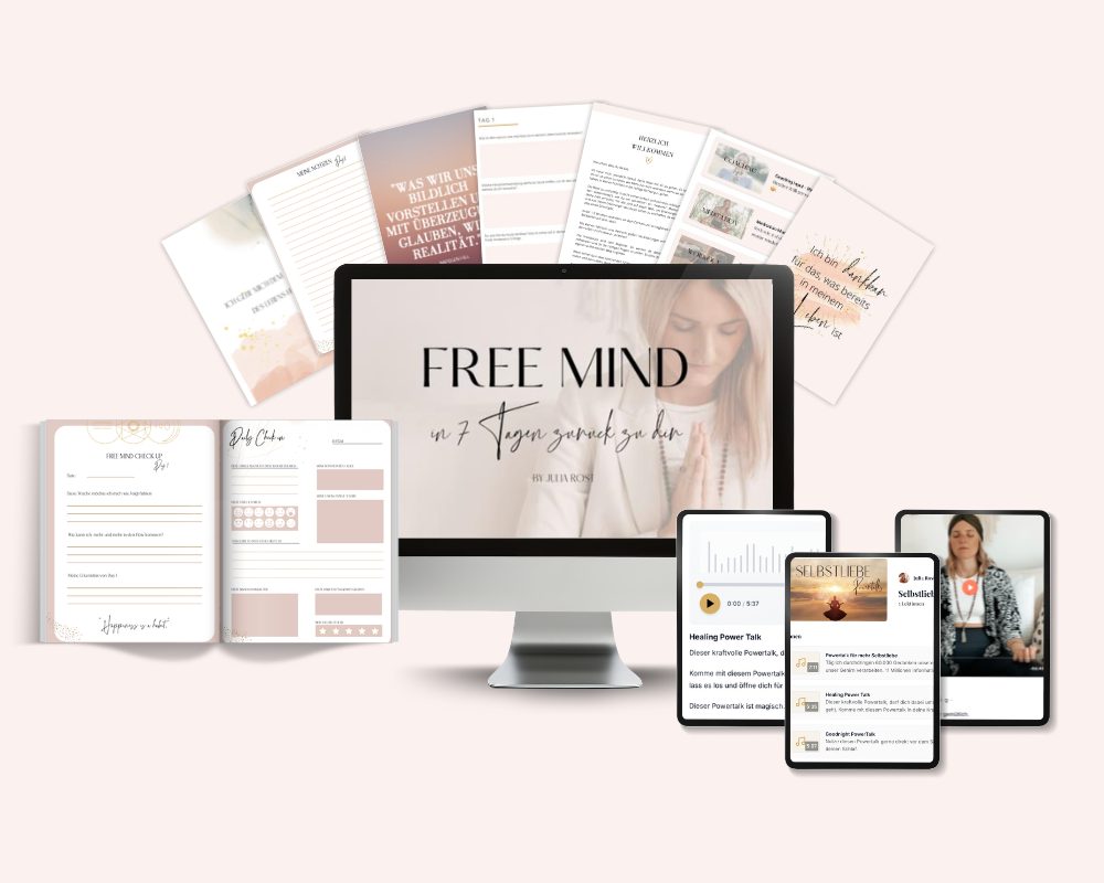 Produktmockup Free Mind Kurs mit Laptop, Tablet, Smartphone und Workbook-Materialien
