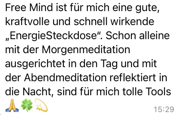 Testimonial über Free Mind als Energie-Steckdose mit Meditationen und Emojis