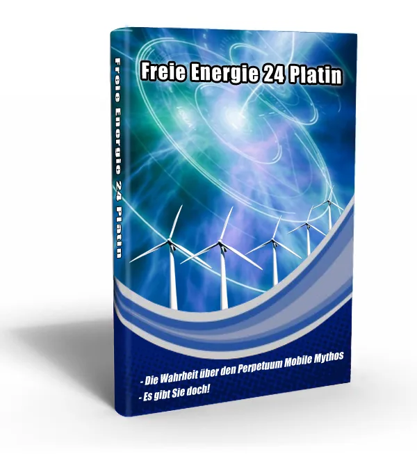 Buch-Cover Freie Energie 24 Platin mit Windkraftanlagen und Energiewellen auf blauem Hintergrund