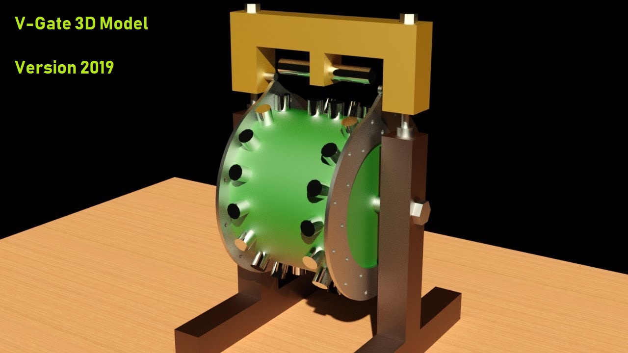 V-Gate 3D Modell Version 2019 grüner Magnetmotor mit Antriebssystem auf Holzunterbau