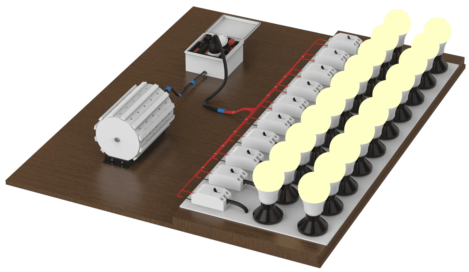 Magnetmotor Demonstrationsaufbau auf Holzplattform mit Stromversorgung und LED-Beleuchtung Systemintegration