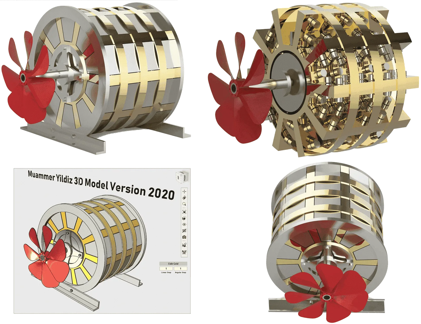 Muammer Yildiz 3D Magnetmotor Modell Version 2020 mit vier verschiedenen Ansichten und technischer Zeichnung