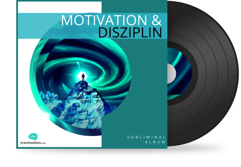 Vinyl-LP-Mockup mit Person auf Berg, türkiser Energie-Spirale, Natur-Design
