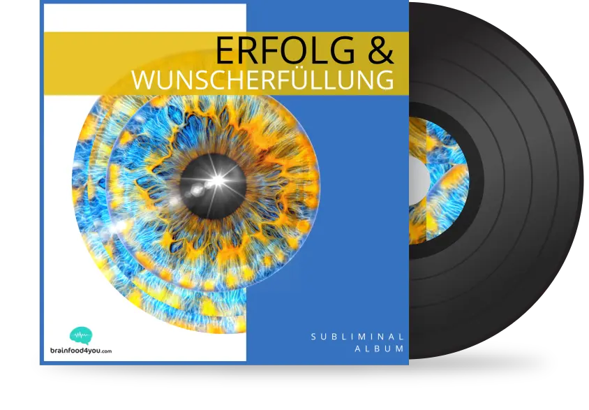 Vinyl-LP-Mockup mit gelbem Rahmen, buntem Auge, blauem Hintergrund