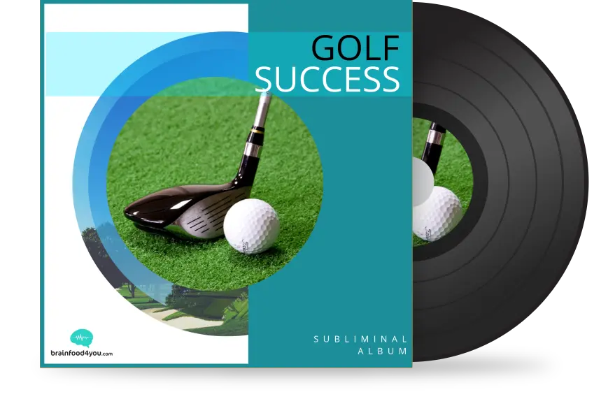 Vinyl-LP-Mockup mit Golfschläger, Golfball und grünem Rasen, türkiser Rahmen