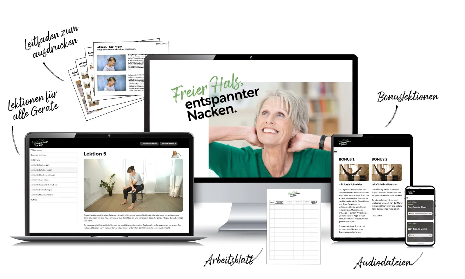 Mockup-Collage mit Kursplattform auf Laptop, Tablet und Smartphone, Leitfäden zum Ausdrucken, Arbeitsmaterialien und Bonuslek