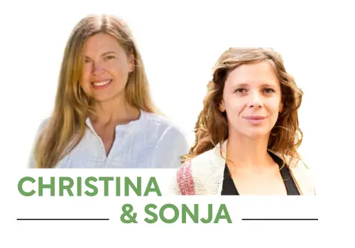 Porträt von zwei Frauen mit Text "CHRISTINA & SONJA" in Grün