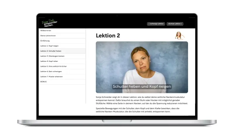 Laptop-Mockup zeigt Kursplattform mit Lektion 2 Schulter heben und Kopf neigen